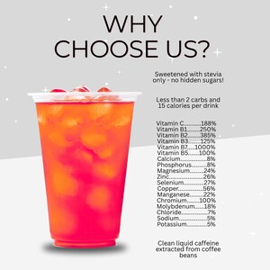 Puede incluir: Un vaso de pl&aacute;stico transparente lleno de una bebida helada de color naranja rojizo. El texto dice: WHY CHOOSE US? Sweetened with stevia only - no hidden sugars! Less than 2 carbs and 15 calories per drink. Lista de vitaminas y minerales con porcentajes. Clean liquid caffeine extracted from coffee beans.