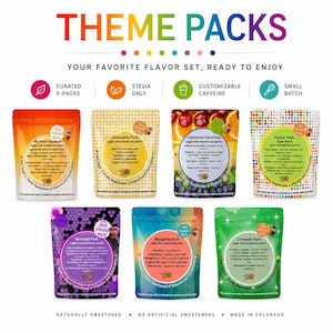 May include: Seven colorful pouches of sugar-free loaded tea powder mixes labeled THEME PACKS. Each pouch features a unique flavor set including My Main Squeeze, Lemonade Pack, Customer Favorites, Pucker Pack, Mocktail Pack, Margarita Pack, and Limeade Pack.