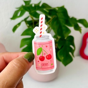 Cute Cherry Soda Waterproof Sticker, Pink Aesthetic Sticker, Water Bottle Sticker, Laptop Sticker, Sticker for Kindle, Journal Sticker