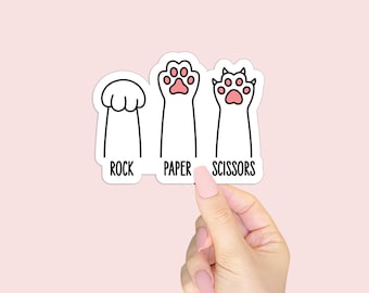 Rock Paper Scissors Waterproof Sticker - Funny Cat Vinyl Sticker for Laptops, Water Bottles, and Planners - Gift for Cat Lovers