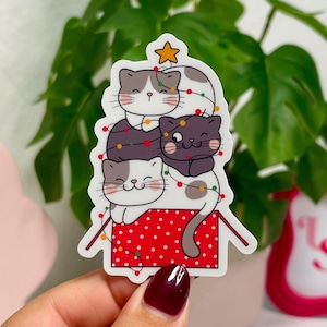 Christmas Cats Waterproof Vinyl Sticker - Perfect for Cat Lovers, Holiday Decor, or Christmas Gift Wrap