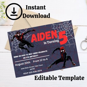 Bearbeitbare Geburtstagseinladung | Spiderman Geburtstagskarte| Spiderman Geburtstagseinladung | Bearbeitbare Einladungen | Junge Geburtstagskarte | Meiles Morales