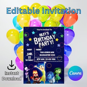 Invitación editable a fiesta de cumpleaños / Fiesta de cumpleaños de emociones / De adentro hacia afuera / Fiesta de cumpleaños de niña / Sentimientos / Tarjeta de cumpleaños / Invitación / Alegría
