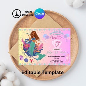 Faire-part d'anniversaire de sirène| Téléchargement numérique| Soirée sirène noire | Modèle modifiable| Invitation modifiable| La petite sirène| Fête de filles