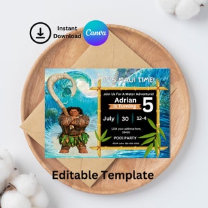 Uitnodigingen voor verjaardagsfeestjes| Bewerkbare uitnodiging| Uitnodigingen zwembadfeestje| Verjaardagsfeestje jongen| Maui-verjaardagskaart| Zwembadfeestje voor kinderen| Moana