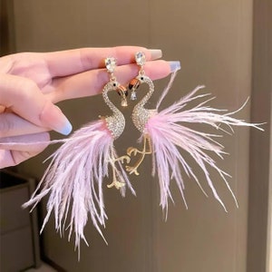 Feathered Flamingo Dangle Earrings | Rhinestones | Gold Tones | Pink | Vacation | Fashion Jewelry