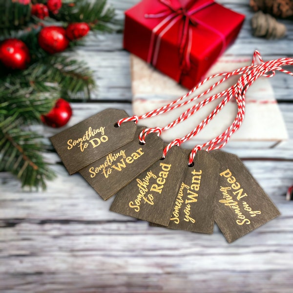 Holiday Present Wooden Gift Tags, 5-Gift Rule Tags, Christmas Tags