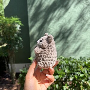 May include: A small, gray crocheted stuffed animal shaped like a bear. The bear is being held in a person's hand.