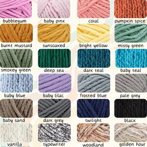 May include: A chart of 20 different colors of yarn, each with a descriptive name. The yarn is a chunky, fuzzy texture. The colors include race car red, burgundy plum, deep fuchsia, mellow mauve, bubblegum, baby pink, coral, pumpkin spice, burnt mustard, sunsoaked, bright yellow, misty green, smokey green, deep sea, dark teal, baby teal, baby blue, baby lilac, frosted blue, pale grey, baby sand, dark grey, twilight, black, vanilla, typewriter, woodland, golden hour, seaside, and sunday times.