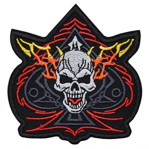 Ace Of Spades Skull Embroidered Sew-on Patch | Fire Biker Gang Motorcycle Club Scary Tattoo Logo