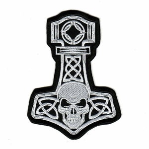 Thor's Hammer Mjölnir Skull Embroidered Sew-on Patch | Thunder God Viking Norse Mythology Logo