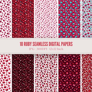Może przedstawiać: Dziesięć wzorów papieru cyfrowego z bezszwowymi wzorami czerwonych rubinów na różnych tłach, w tym białym, czerwonym i niebieskim. Papiery mają rozmiar 30,5 x 30,5 cm i 300 DPI.