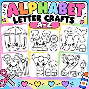 May include: A set of printable alphabet letter crafts featuring black and white outlines of letters U through Z with cute faces. Each letter is designed to be cut out and assembled, including shapes for an umbrella, van, whale, xylophone, yak, and zebra.