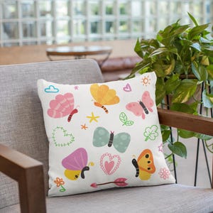 Spun Polyester Square Pillow, Printify, Spun Polyester Square, White Pillow, Butterflies Pillow, Sizes: 14x14