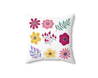 Spun Polyester Square Pillow, Printify, Spun Polyester Square, White Pillow, Flower Pillow, Sizes: 14x14