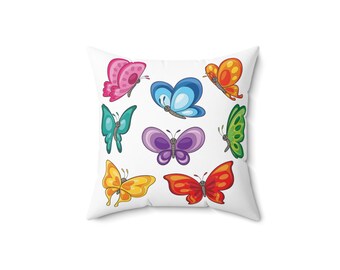 Spun Polyester Square Pillow, Printify, Spun Polyester Square, White Pillow, Butterflies Pillow, Sizes: 14x14