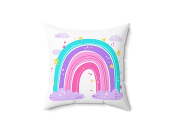 Spun Polyester Square Pillow, Printify, Spun Polyester Square, White Pillow, Rainbow Pillow, Sizes: 14x14