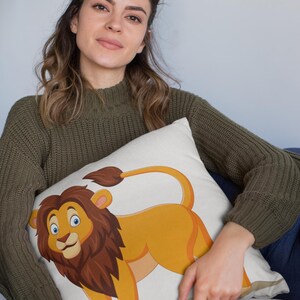 Spun Polyester Square Pillow, Printify, Spun Polyester Square, White Pillow, Lion Pillow, Sizes: 14x14