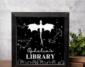 Dragon Library Sign | Name Library Sign | Custom Book Nook Sign | Fantasy Book Theme Gift | Astrology Dragon Framed Sign | Reading Gift