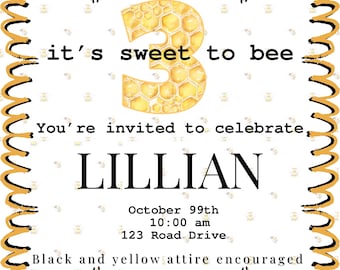 Bee Birthday Invitation | It’s Sweet to Bee 3 | Editable Digital Invite | Toddler Birthday Party Printable | Boy Girl Bee Theme