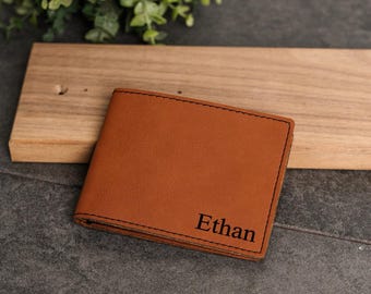 Personalized Wallet for Men | Father's Day Gift | Engraved Vegan Leather Bifold Groomsmen Gift Wallet | Highschool Graduation Gift for Boy