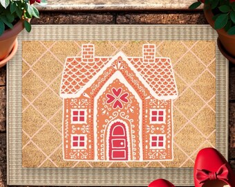 Gingerbread House Doormat | Christmas Holiday Door Mat | Cute Gingerbread Decor | Merry and Bright Doormat | Outdoor Holiday Rug