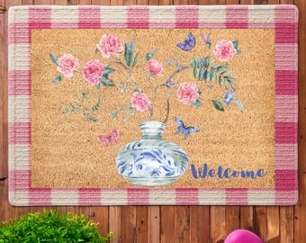Chinoiserie Vase Welcome Mat | Butterfly Bouquet Front Doormat | Spring Coir Natural Fiber Dorm Doormat | Outdoor Patio Coquette Decor