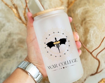 War College Dragon Inspired 16oz Glass Coffee Can with Straw | Double Dragon School Crest Inspired Cup | Gift for Dragon Book Lover