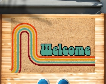 Retro Welcome Doormat | Vintage-Inspired Entryway Rug with Colorful 70s Stripes & Bold Teal Lettering | Indoor/Outdoor Home Décor | Outdoor