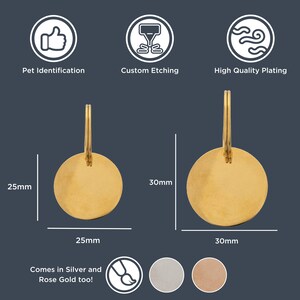 Graphic showing two round gold pet tags in sizes 25mm and 30mm with engraving option. Icons highlight pet identification, custom etching, and high-quality plating. Bottom shows available finishes in silver, gold, and rose gold. Stylish durable dog tags combine function and humor, perfect for dogs who get lost. Engraved with contact details and witty sayings, making a practical yet funny pet gift for owners.