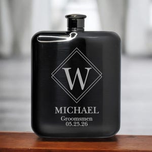 Personalized Groomsmen Engraved Flask | Custom Engraved Hip Flask with Name, Initial & Date | Groomsman Gift for Wedding Party | Black Flask
