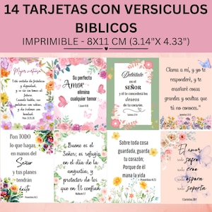 Może przedstawiać: Zestaw 14 kart do druku z wersetami biblijnymi. Każda karta zawiera kwiatowe wzory i inspirujące cytaty w języku hiszpańskim. Karty mają wymiary 8x11 cm (3,14" x 4,33").