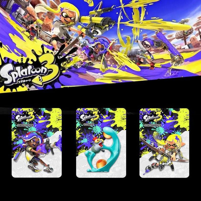 May include: A promotional image for Splatoon 3, featuring the game's logo and characters in action. The top portion displays a dynamic scene with yellow and purple ink splatters. Below are three character cards with unique designs and the Splatoon logo.
