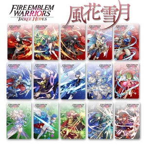 May include: A collection of fifteen rectangular trading cards featuring characters from Fire Emblem Warriors: Three Hopes. Each card displays a unique anime-style illustration of a character in a dynamic pose with vibrant magical effects and the game logo.