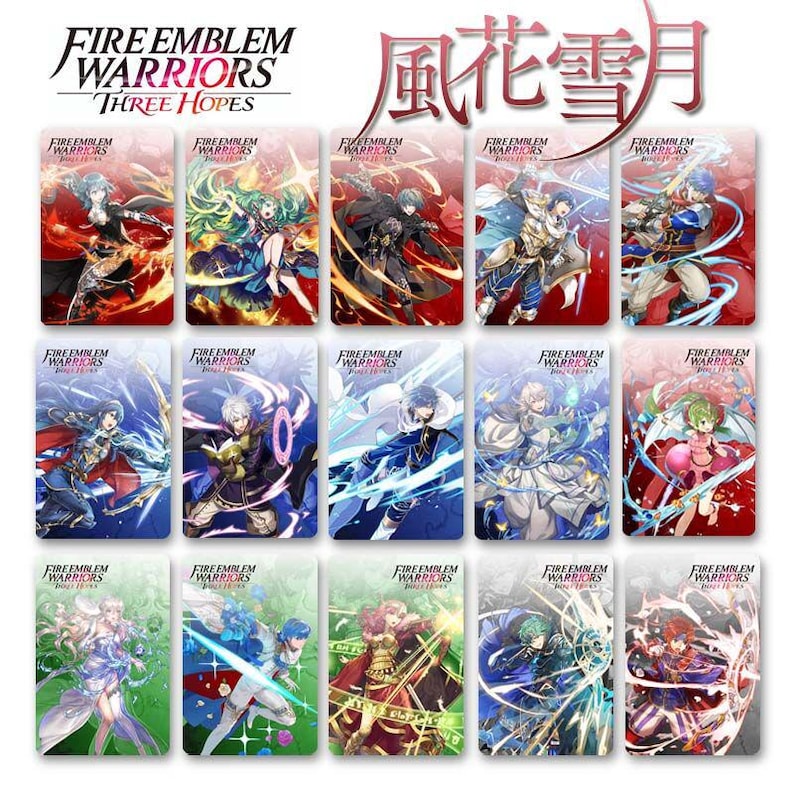 May include: A collection of fifteen rectangular trading cards featuring characters from Fire Emblem Warriors: Three Hopes. Each card displays a unique anime-style illustration of a character in a dynamic pose with vibrant magical effects and the game logo.