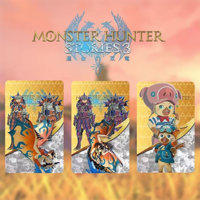 May include: Three trading cards featuring characters from "Monster Hunter Stories 3". The cards showcase detailed illustrations of armored figures and a pig-themed character, set against a golden background. The game's title is displayed at the top.