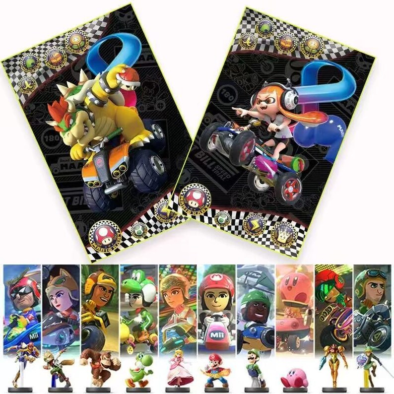 May include: Two black rectangular cards featuring racing characters and vehicles, plus a collection of character figurines. The cards show Bowser and an Inkling girl in race karts. The figurines include Mario, Luigi, and other characters.