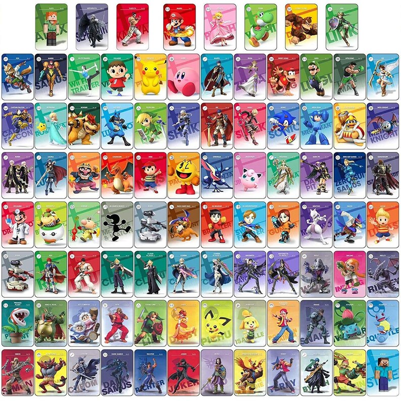 May include: A collection of rectangular trading cards featuring various video game characters from the Super Smash Bros series. Each card displays a unique character illustration with a colored background, character name, and a small circular icon.