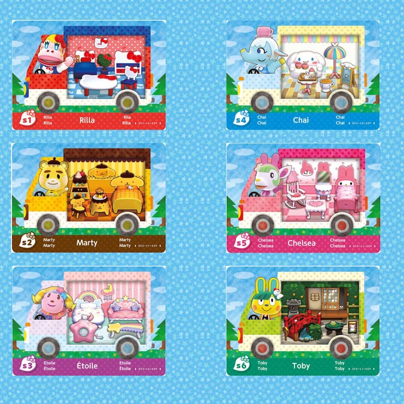 May include: Six rectangular trading cards featuring Animal Crossing characters in camper vans. Each card displays a character in the driver seat and their themed interior room. Names Rilla, Marty, &Eacute;toile, Chai, Chelsea, and Toby are printed.