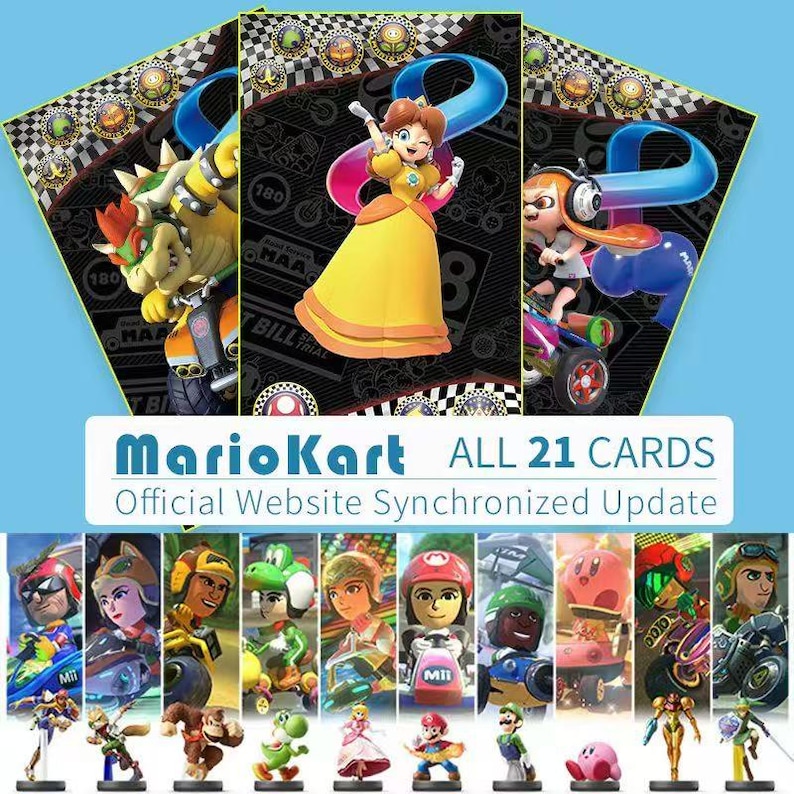 May include: A promotional image for Mario Kart, showcasing character cards and figurines. The image includes the text "Mario Kart ALL 21 CARDS" and "Official Website Synchronized Update". Characters include Bowser, Princess Daisy, and other figures.