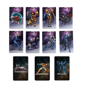 May include: A collection of eight rectangular cards featuring illustrations of characters from the Metroid video game series. The cards showcase various characters in action poses, with a space-themed background. The color palette includes shades of red, orange, blue, and purple.