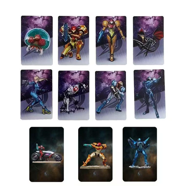 May include: A collection of eight rectangular cards featuring illustrations of characters from the Metroid video game series. The cards showcase various characters in action poses, with a space-themed background. The color palette includes shades of red, orange, blue, and purple.