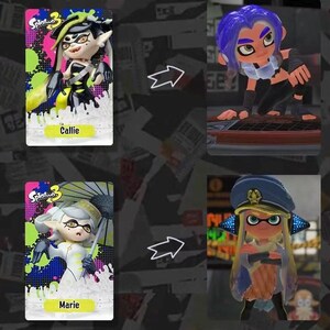May include: Image featuring three character cards from the video game Splatoon 3. The cards display colorful illustrations of characters, including Callie and Marie, with their names printed below. The background is a mix of abstract shapes and colors.