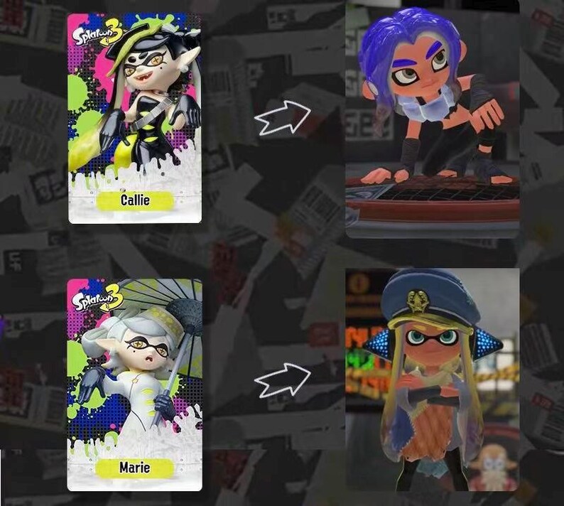 May include: Image featuring three character cards from the video game Splatoon 3. The cards display colorful illustrations of characters, including Callie and Marie, with their names printed below. The background is a mix of abstract shapes and colors.