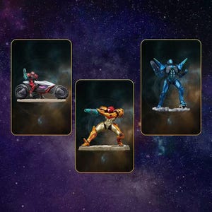 May include: Three action figures of characters from a science fiction video game. One figure is riding a futuristic vehicle, another is in a combat pose, and the third is a blue robotic figure. The figures are set against a starry background.