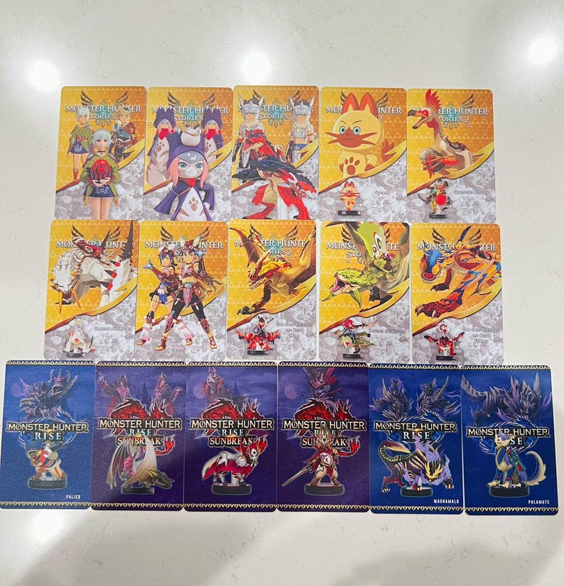 May include: A collection of Monster Hunter Rise trading cards and figurines. The cards feature character illustrations with the game's logo. The figurines are small, detailed figures of various monsters and characters from the game.