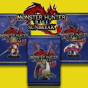 May include: A collection of Monster Hunter Rise: Sunbreak figurines and packaging. The boxes are blue with the game's logo and artwork. The figurines depict various characters and monsters from the game, with detailed designs and vibrant colors.