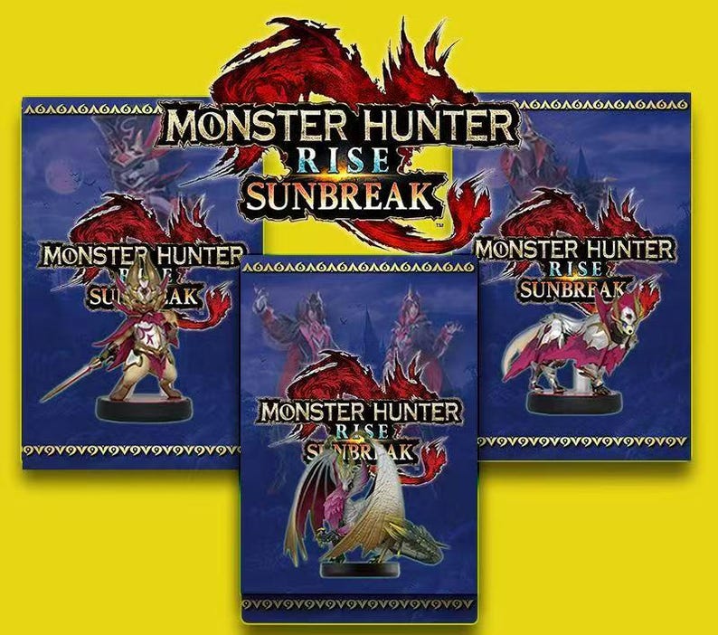 May include: A collection of Monster Hunter Rise: Sunbreak figurines and packaging. The boxes are blue with the game's logo and artwork. The figurines depict various characters and monsters from the game, with detailed designs and vibrant colors.