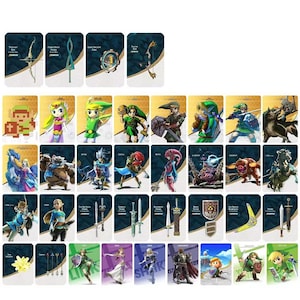 May include: A collection of rectangular trading cards featuring various characters, weapons, and items from a video game series. The cards display detailed illustrations of figures in green tunics, armored warriors, mythical creatures, swords, bows, and shields.
