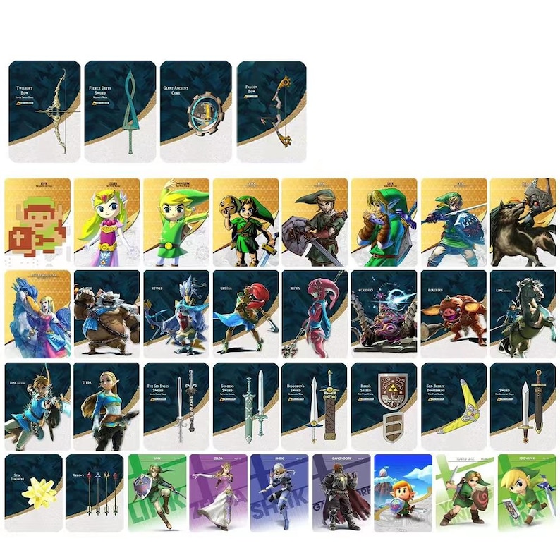 May include: A collection of rectangular trading cards featuring various characters, weapons, and items from a video game series. The cards display detailed illustrations of figures in green tunics, armored warriors, mythical creatures, swords, bows, and shields.